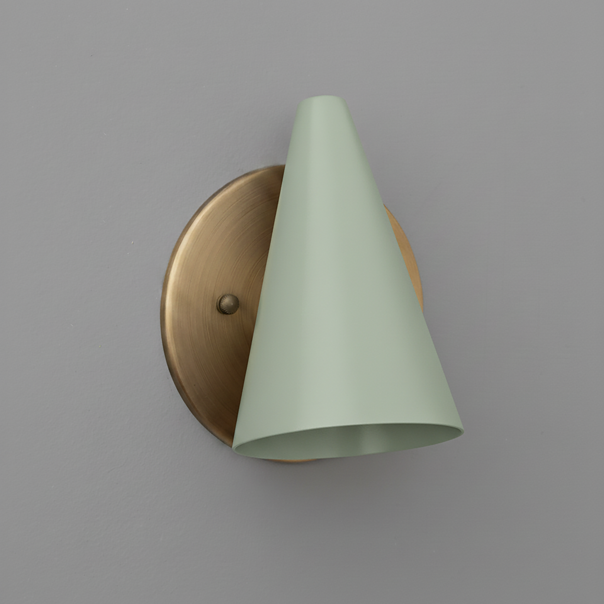 Wall sconce with matte light green conical metal shade and round brushed brass backplate. - SCONCE MODEL NO. 5950