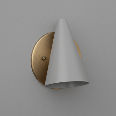 Wall sconce with matte white conical shade and round brushed brass backplate. - SCONCE MODEL NO. 5950