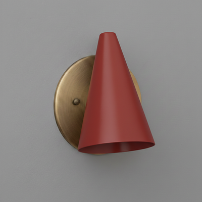 Matte red cone-shaped metal sconce with brushed brass circular backplate and single bulb holder. - SCONCE MODEL NO. 5950