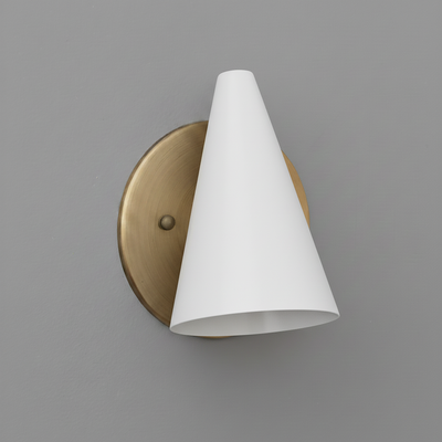 Wall sconce with white conical shade and round brushed brass backplate. - SCONCE MODEL NO. 5950