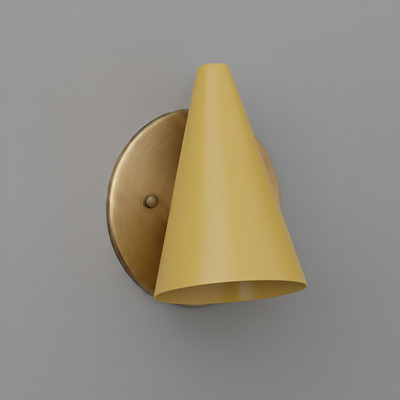 Matte yellow conical metal sconce with brushed brass circular backplate. - SCONCE MODEL NO. 5950