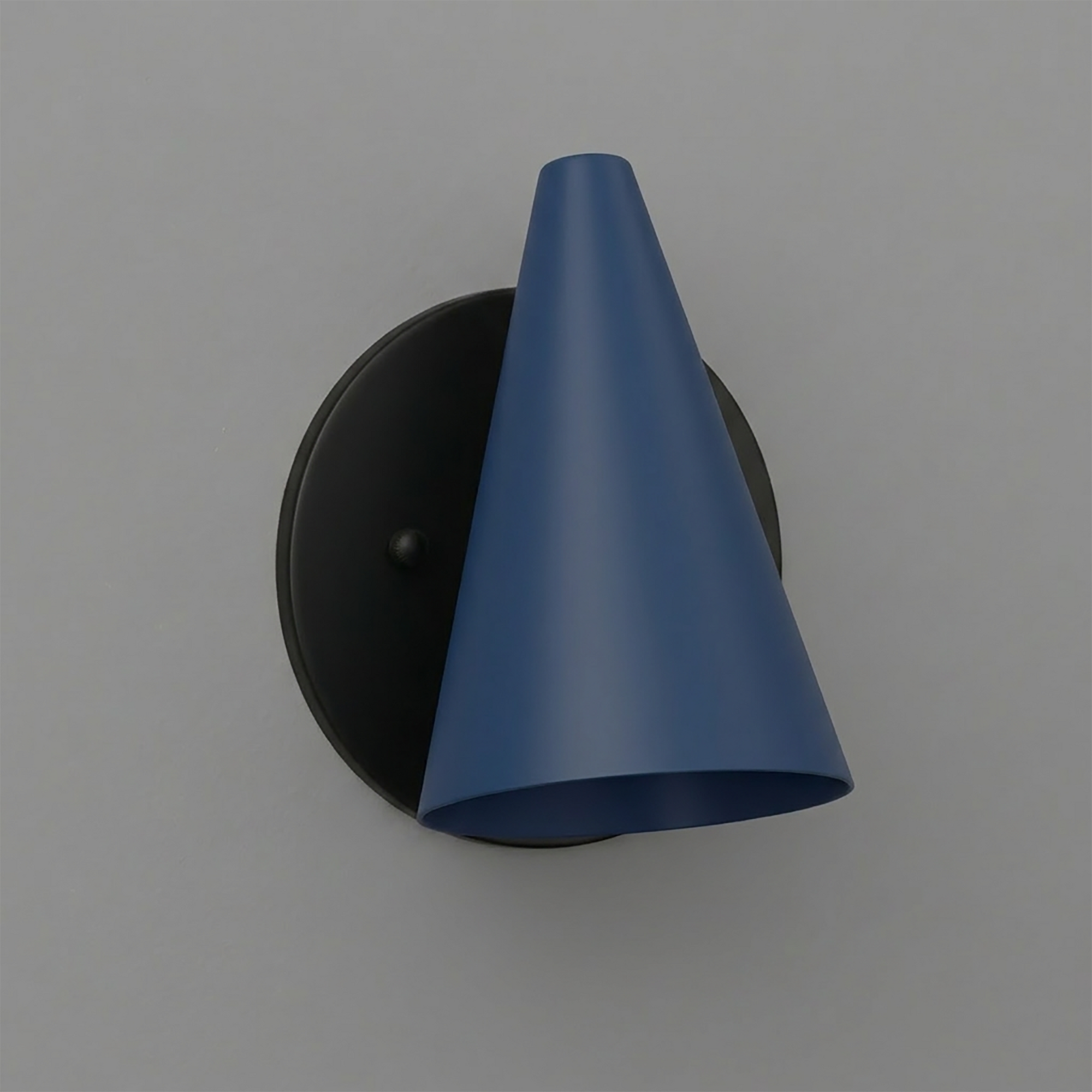 Matte blue conical metal shade wall sconce with black circular mounting plate and single bulb design. - SCONCE MODEL NO. 5950