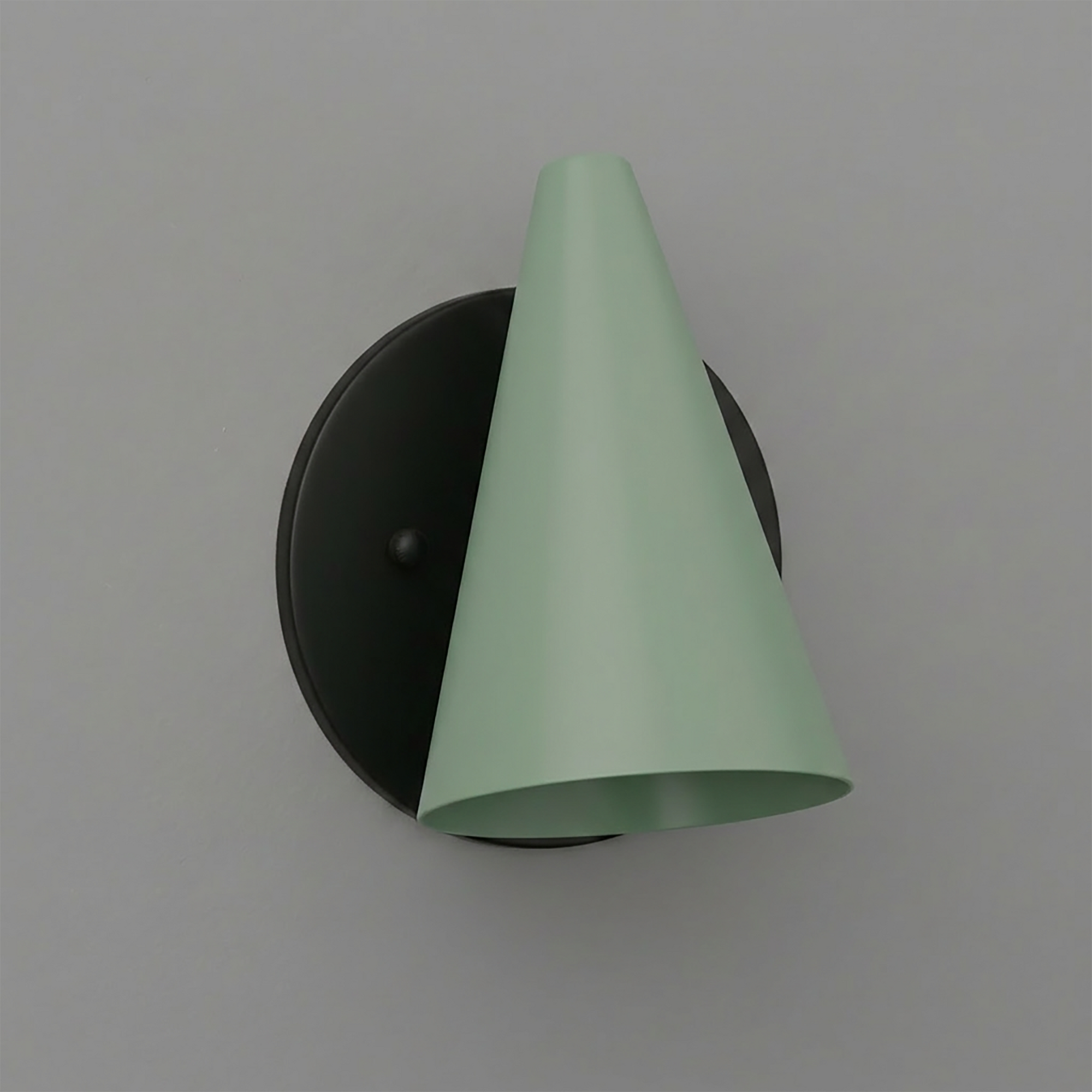 Matte black round wall base with a mint green conical metal shade sconce. - SCONCE MODEL NO. 5950