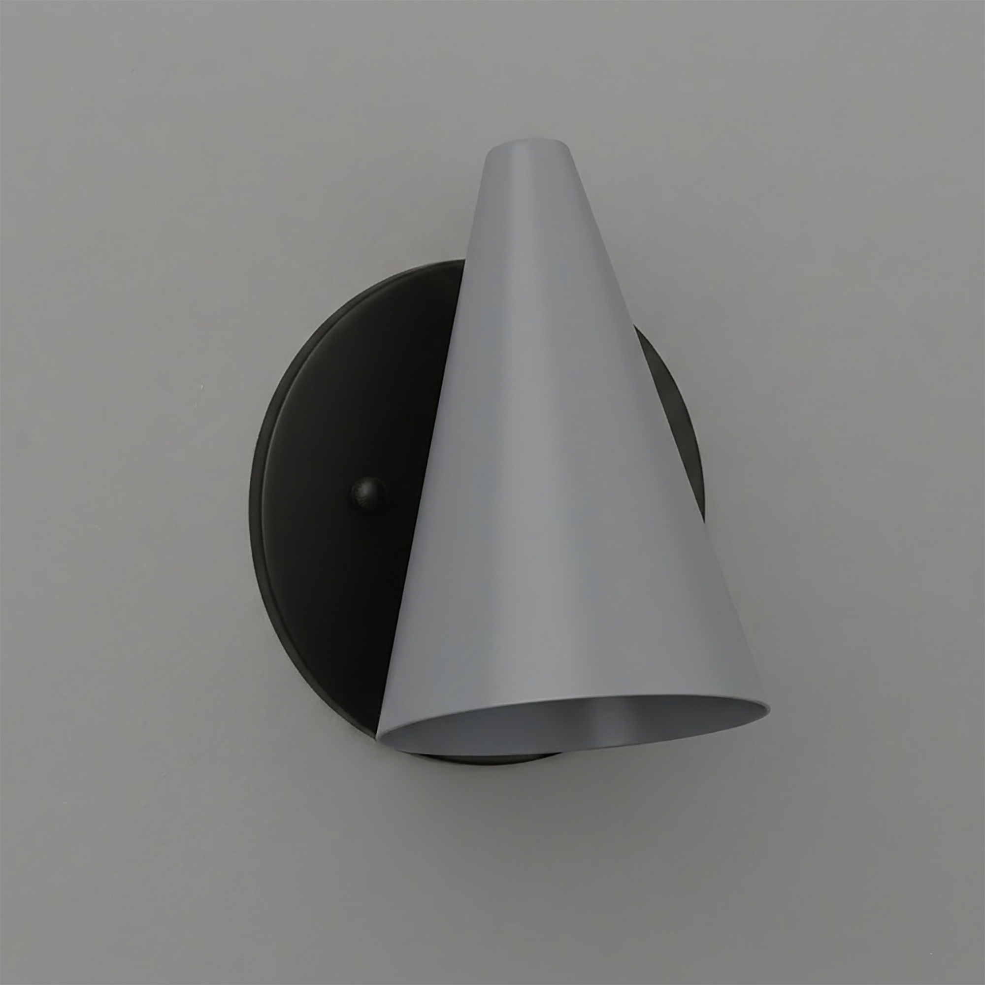 Matte black round base wall sconce with a sleek, conical gray metal shade. - SCONCE MODEL NO. 5950