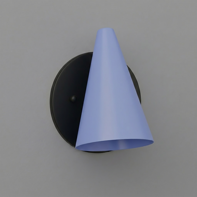 Wall sconce with matte black round base and conical lavender shade angled downward. - SCONCE MODEL NO. 5950