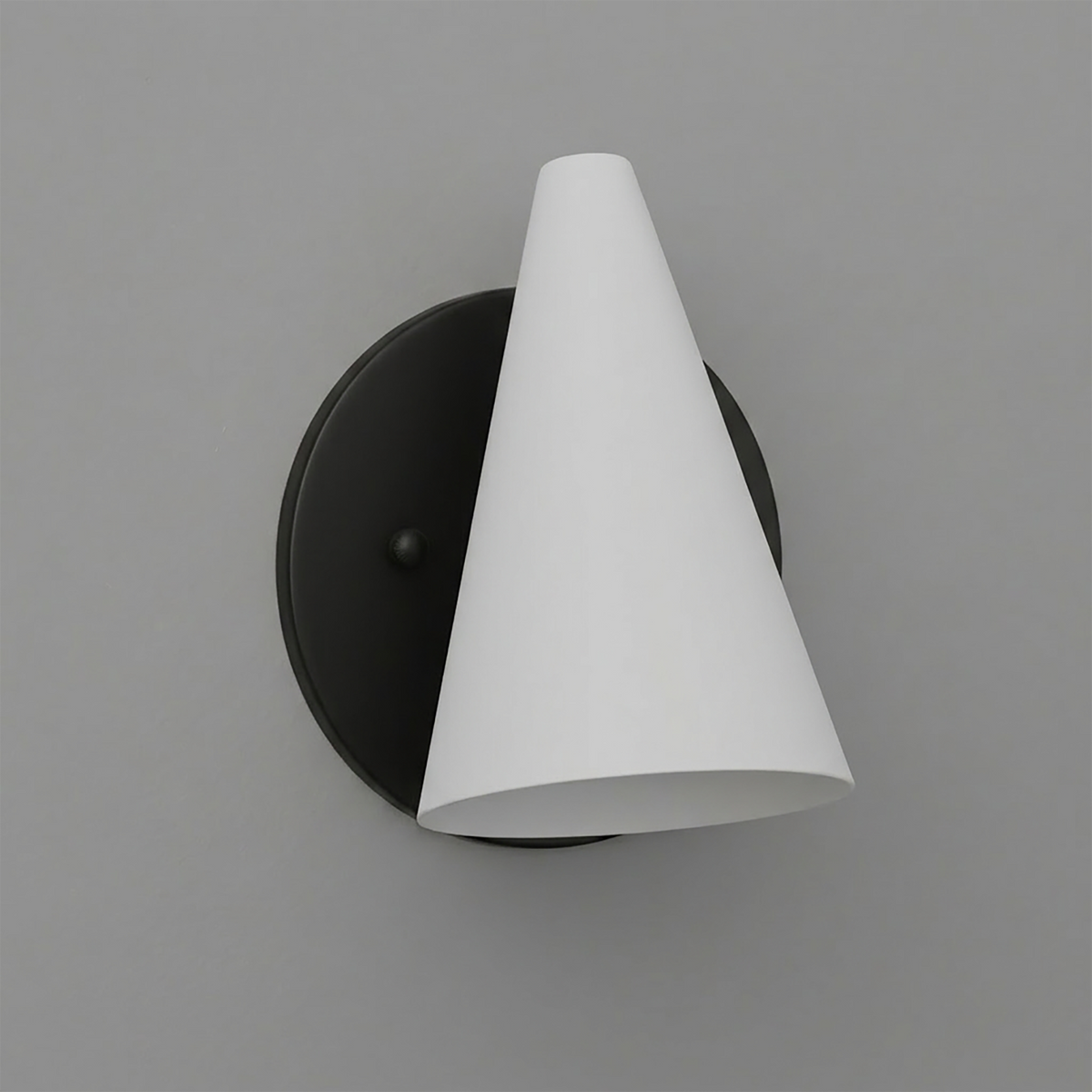 Wall-mounted black metal sconce with a white conical shade and single bulb design. - SCONCE MODEL NO. 5950