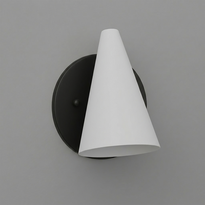 Wall-mounted black metal sconce with a white conical shade and single bulb design. - SCONCE MODEL NO. 5950