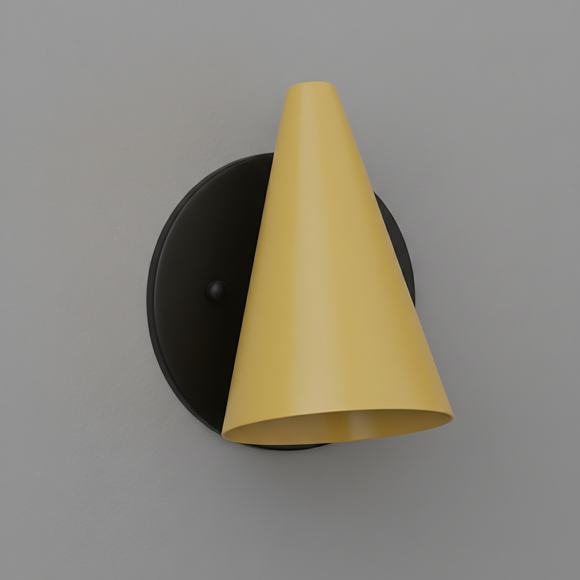 Matte black round wall mount with a smooth yellow conical metal shade sconce. - SCONCE MODEL NO. 5950