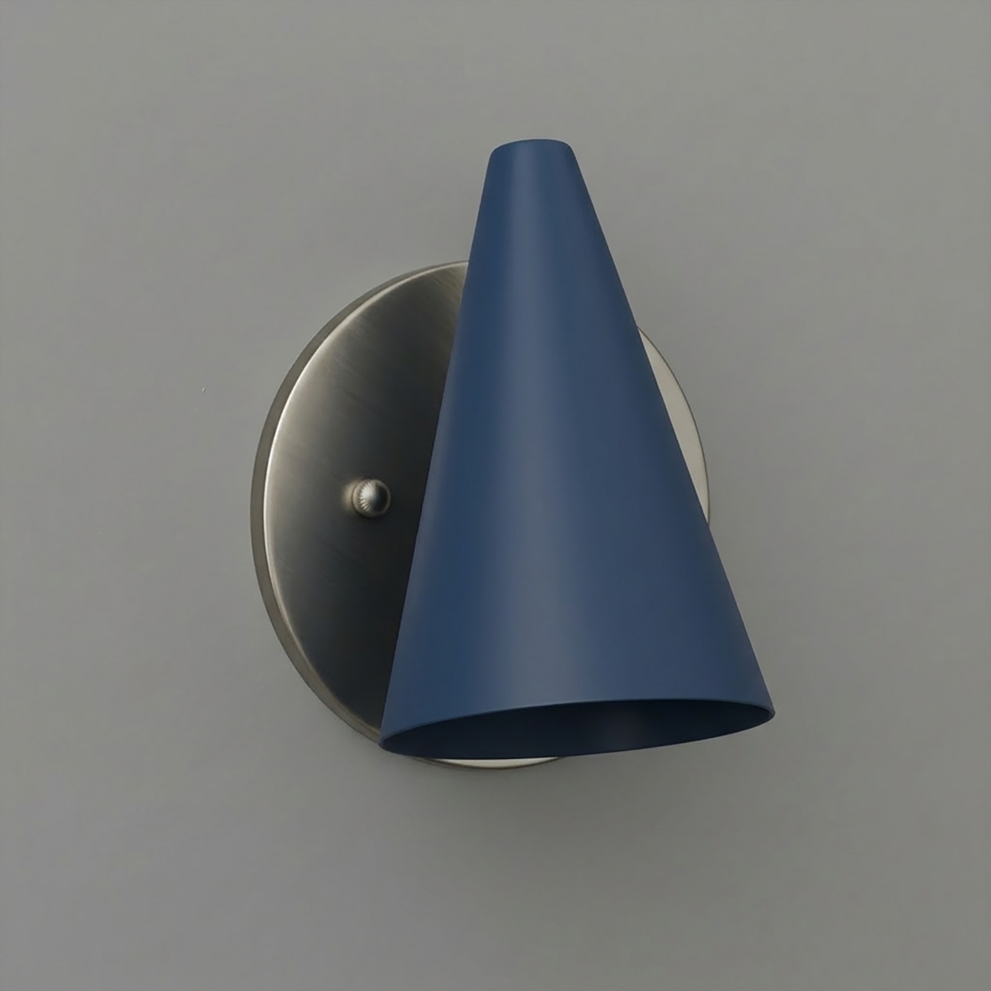 Matte blue conical metal shade sconce with brushed nickel round wall mount and single bulb design. - SCONCE MODEL NO. 5950