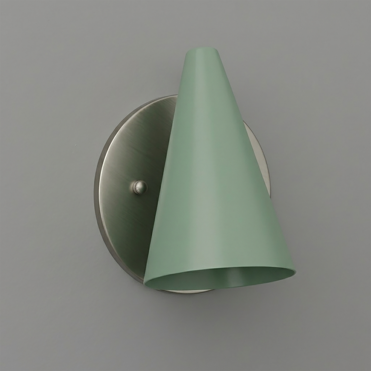 Matte green conical metal wall sconce with brushed nickel round base and single bulb design. - SCONCE MODEL NO. 5950