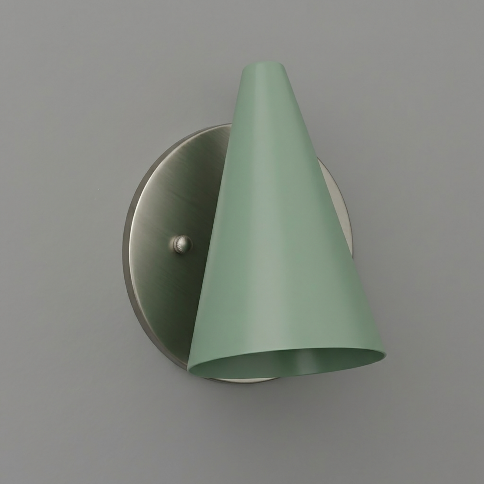Matte green conical metal wall sconce with brushed nickel round base and single bulb design. - SCONCE MODEL NO. 5950