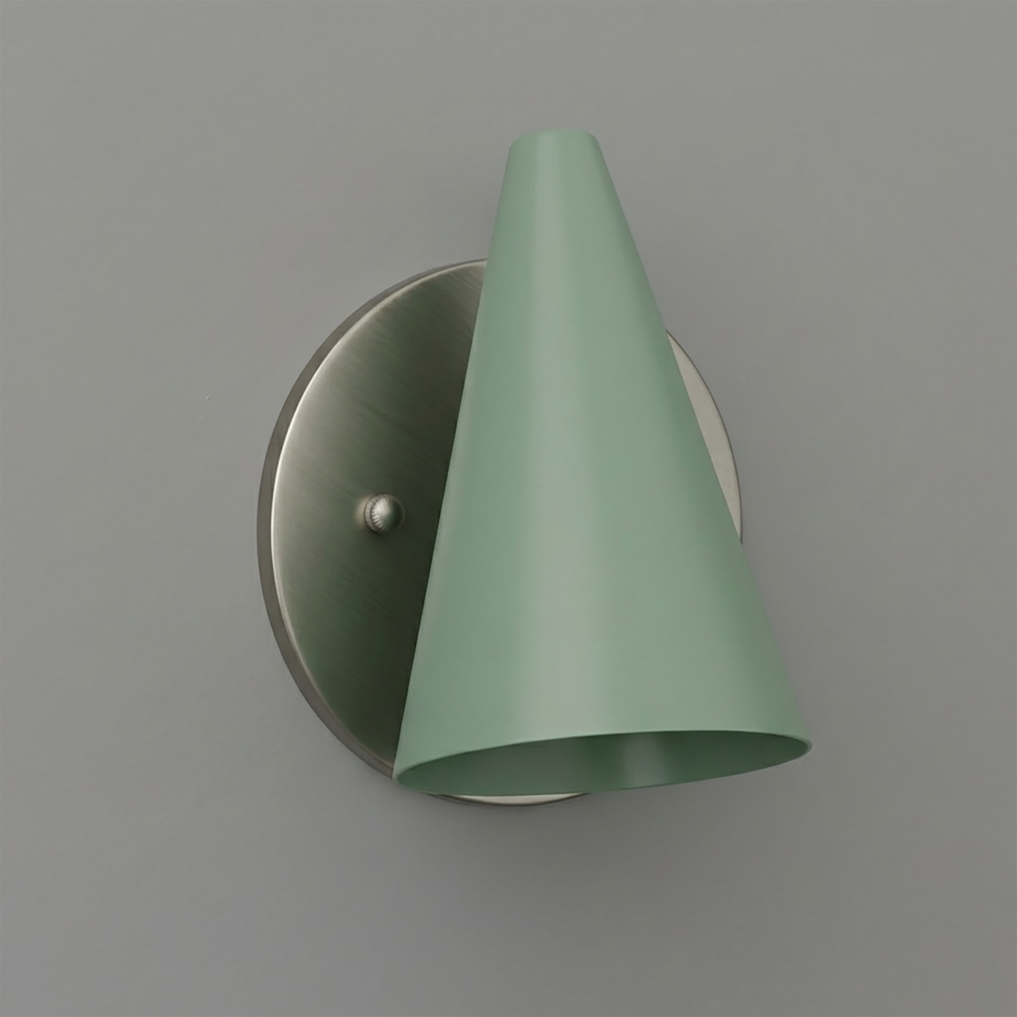 Matte green conical metal wall sconce with brushed nickel round base and single bulb design. - SCONCE MODEL NO. 5950