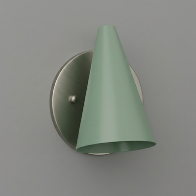 Matte green conical metal wall sconce with brushed nickel round base and single bulb design. - SCONCE MODEL NO. 5950