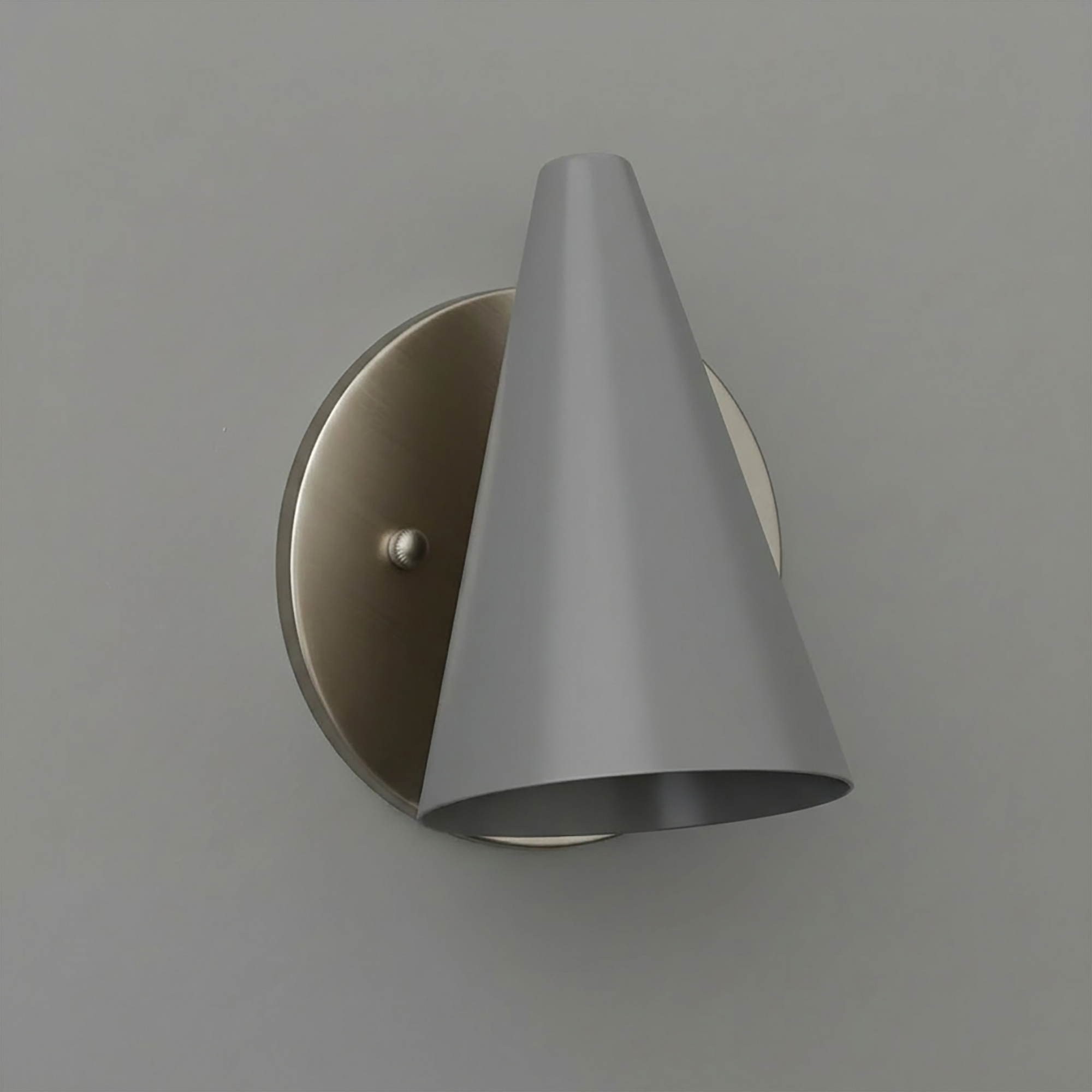Matte gray conical metal wall sconce with round brushed nickel base and single bulb holder. - SCONCE MODEL NO. 5950
