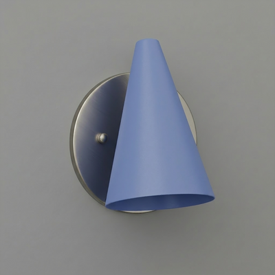 Wall sconce with brushed metal round base and blue matte conical shade pointing downward. - SCONCE MODEL NO. 5950