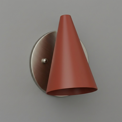 Wall sconce with a matte rust-colored conical metal shade and brushed nickel round backplate. - SCONCE MODEL NO. 5950