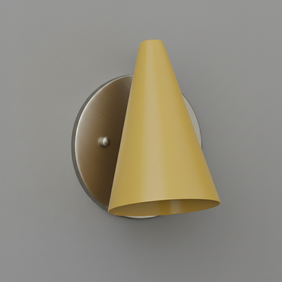 Yellow metal cone-shaped wall sconce with brushed silver circular base and single bulb socket. - SCONCE MODEL NO. 5950