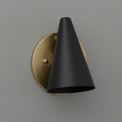 Matte black conical metal sconce with brushed brass circular backplate and single bulb socket. - SCONCE MODEL NO. 5950