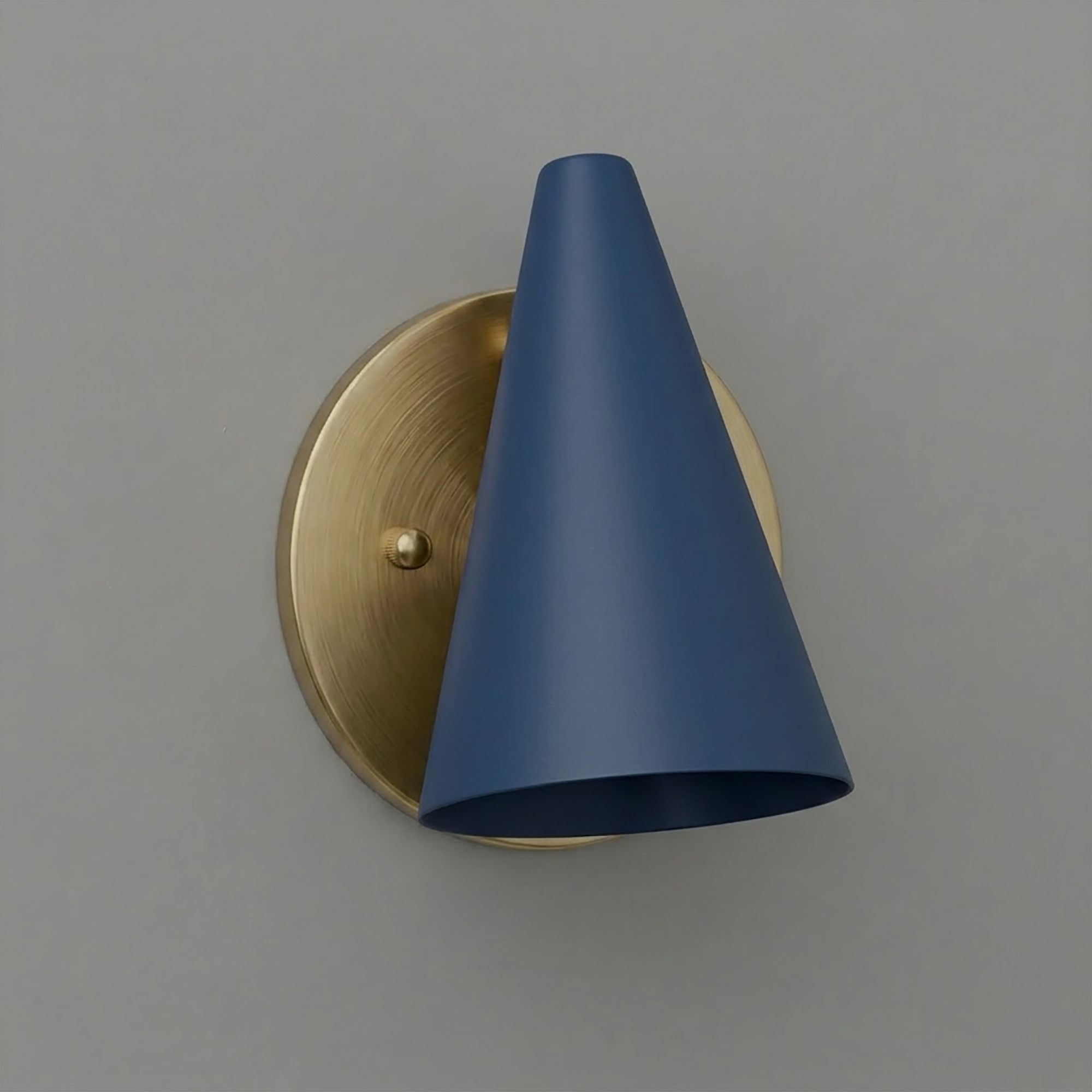 Wall sconce with a matte blue conical shade and brushed brass circular base. - SCONCE MODEL NO. 5950