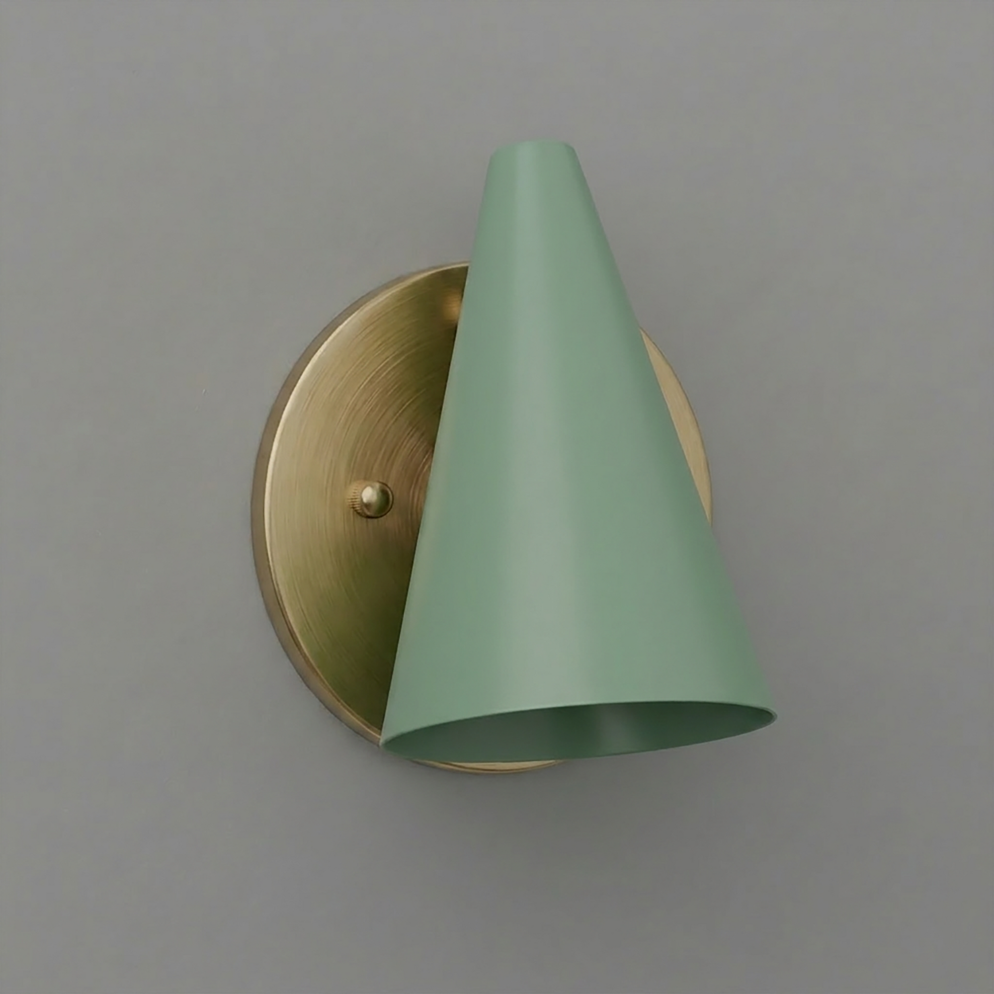 Matte sage green conical metal shade with brushed brass circular wall mount 1-bulb sconce. - SCONCE MODEL NO. 5950