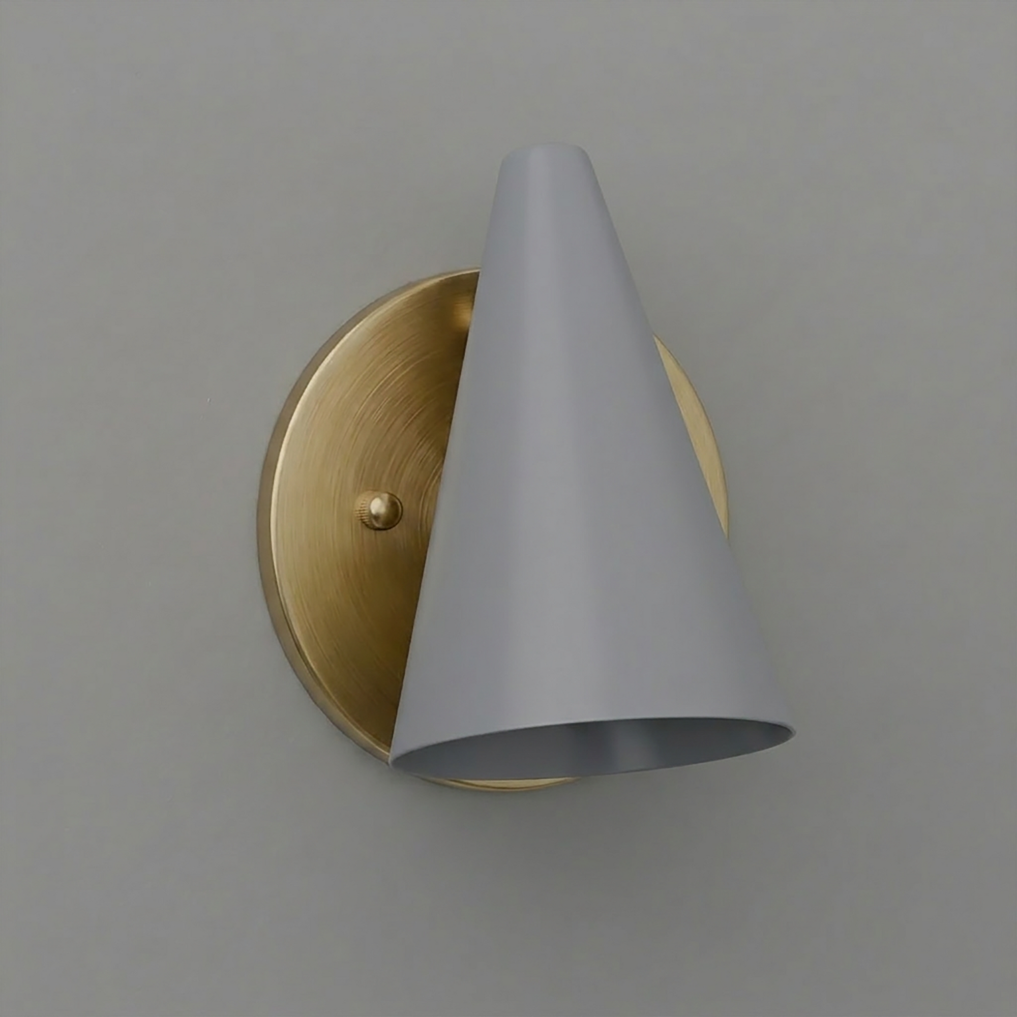 Wall sconce with matte gray conical shade and round brushed brass backplate. - SCONCE MODEL NO. 5950
