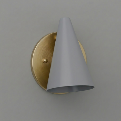 Wall sconce with matte gray conical shade and round brushed brass backplate. - SCONCE MODEL NO. 5950