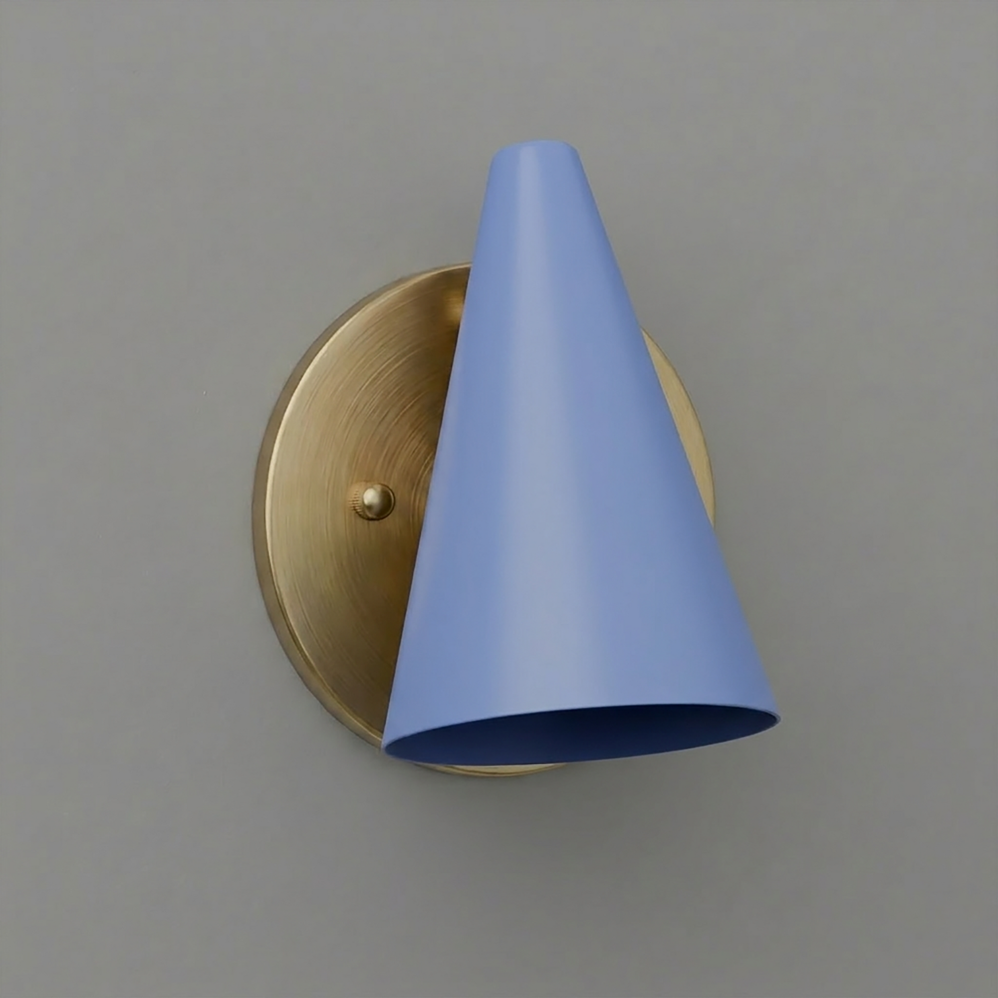 Brushed brass round wall plate with cone-shaped matte blue metal shade sconce. - SCONCE MODEL NO. 5950