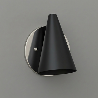 Matte black conical metal wall sconce with round brushed nickel backplate and single bulb fixture. - SCONCE MODEL NO. 5950