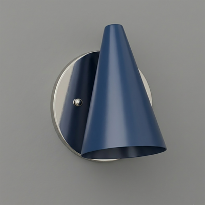 Wall sconce with matte blue cone-shaped metal shade and round polished chrome backplate. - SCONCE MODEL NO. 5950
