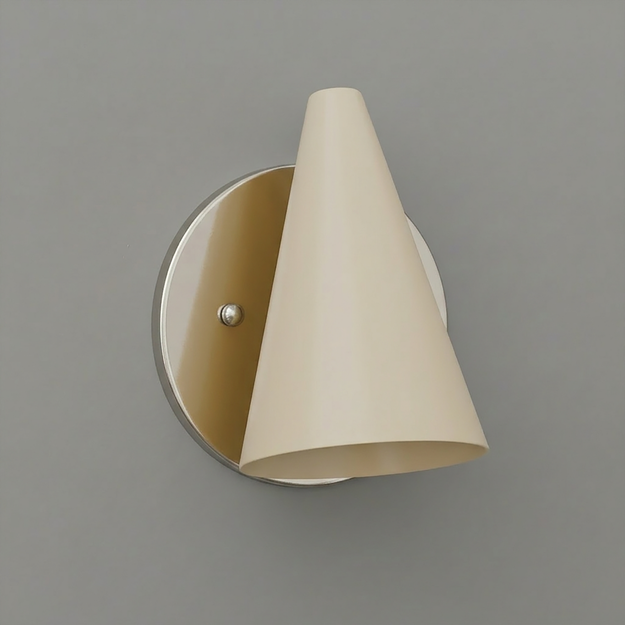 Matte gold round wall plate with a cream cone-shaped metal sconce shade pointing downward. - SCONCE MODEL NO. 5950