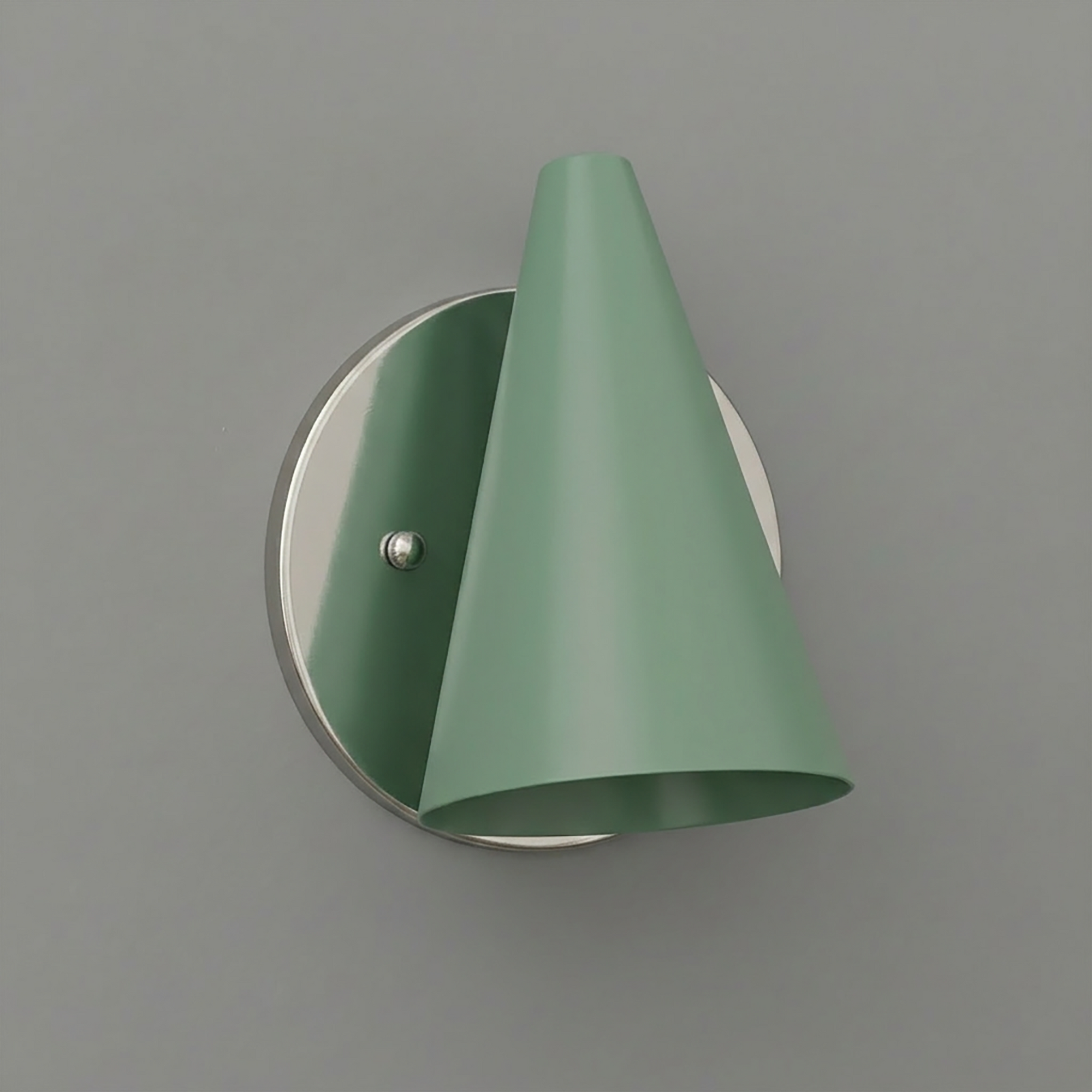Matte green conical metal shade wall sconce with round brushed nickel base and single bulb design. - SCONCE MODEL NO. 5950