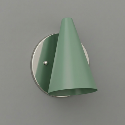 Matte green conical metal shade wall sconce with round brushed nickel base and single bulb design. - SCONCE MODEL NO. 5950
