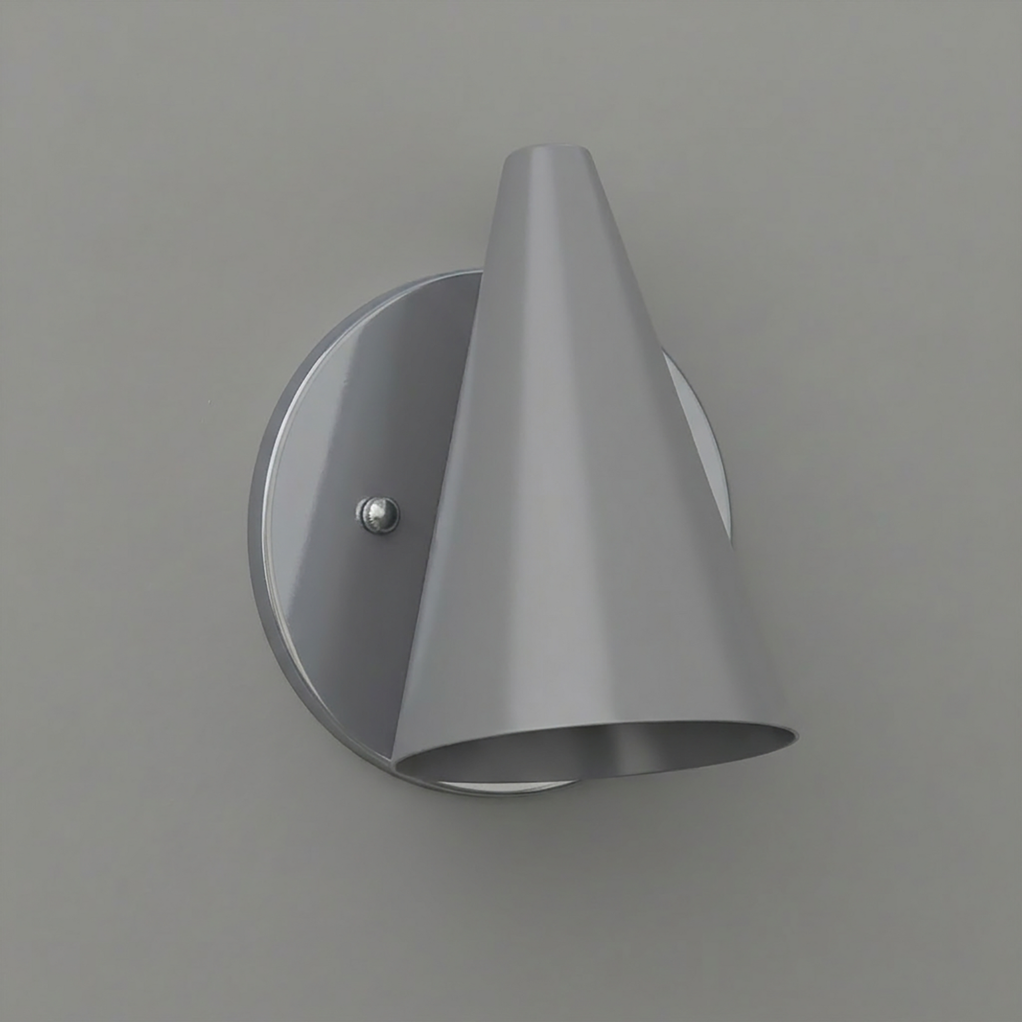 Matte silver metal wall sconce with sleek conical shade and round mounting plate. - SCONCE MODEL NO. 5950
