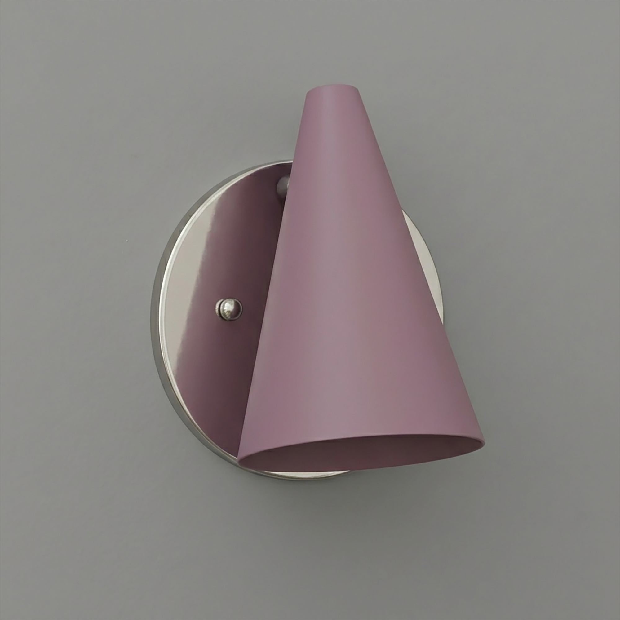 Matte pink conical metal sconce with polished silver round base and single bulb fixture. - SCONCE MODEL NO. 5950