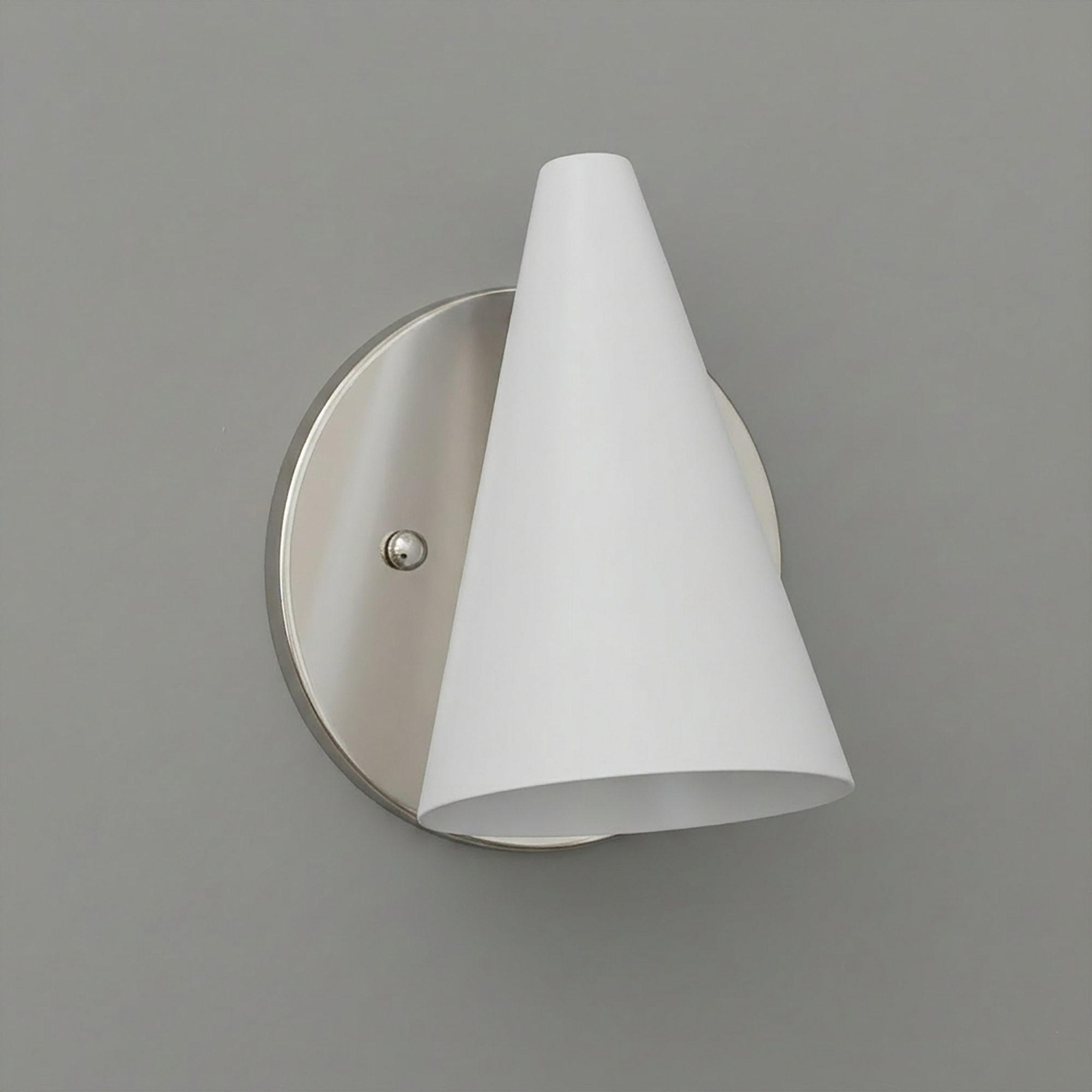 Brushed nickel wall sconce with a conical white fabric shade and round backplate. - SCONCE MODEL NO. 5950