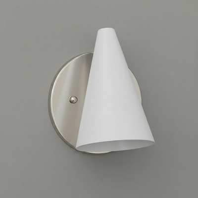 Brushed nickel wall sconce with a conical white fabric shade and round backplate. - SCONCE MODEL NO. 5950