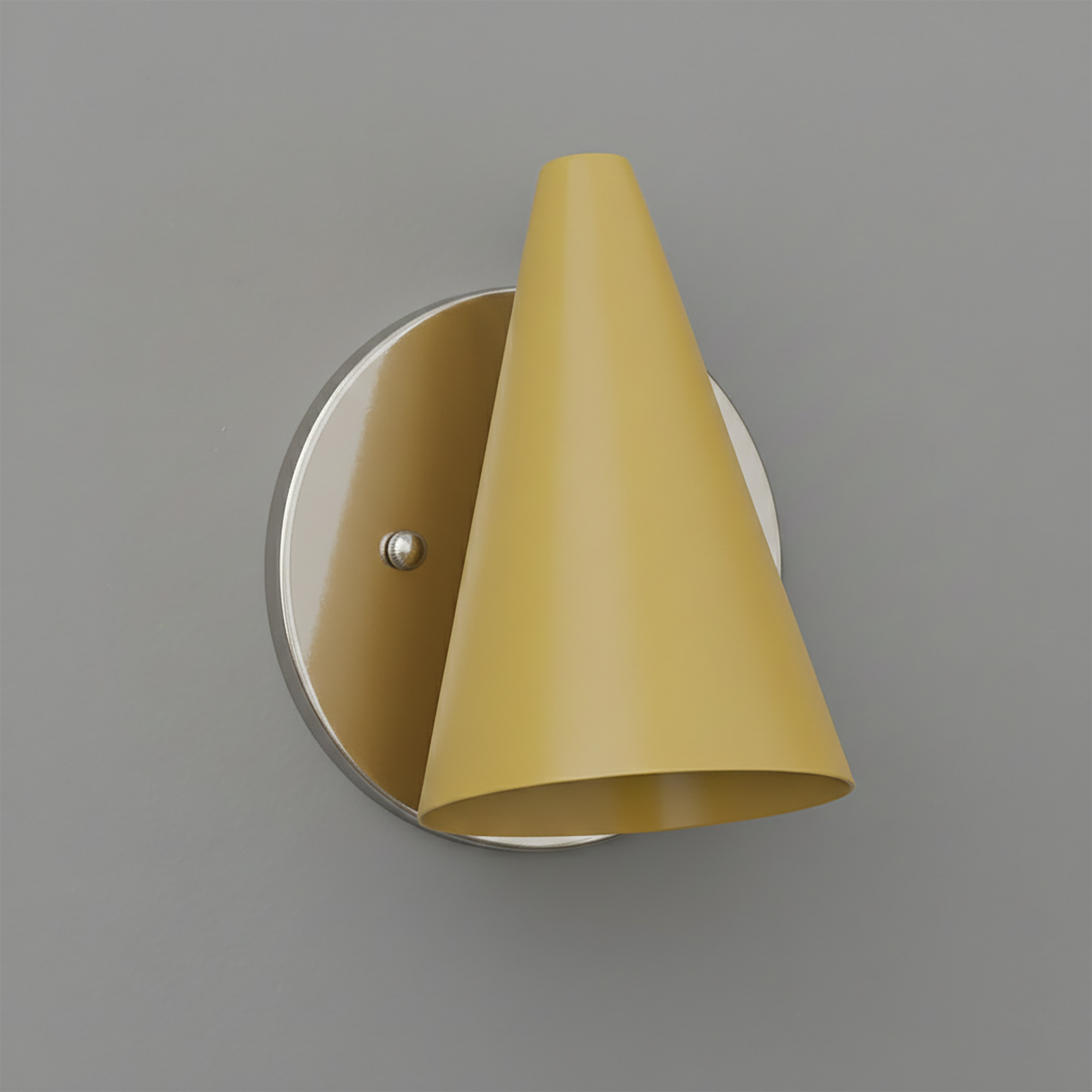 Yellow conical metal shade sconce with brushed silver round mounting plate and single bulb design. - SCONCE MODEL NO. 5950