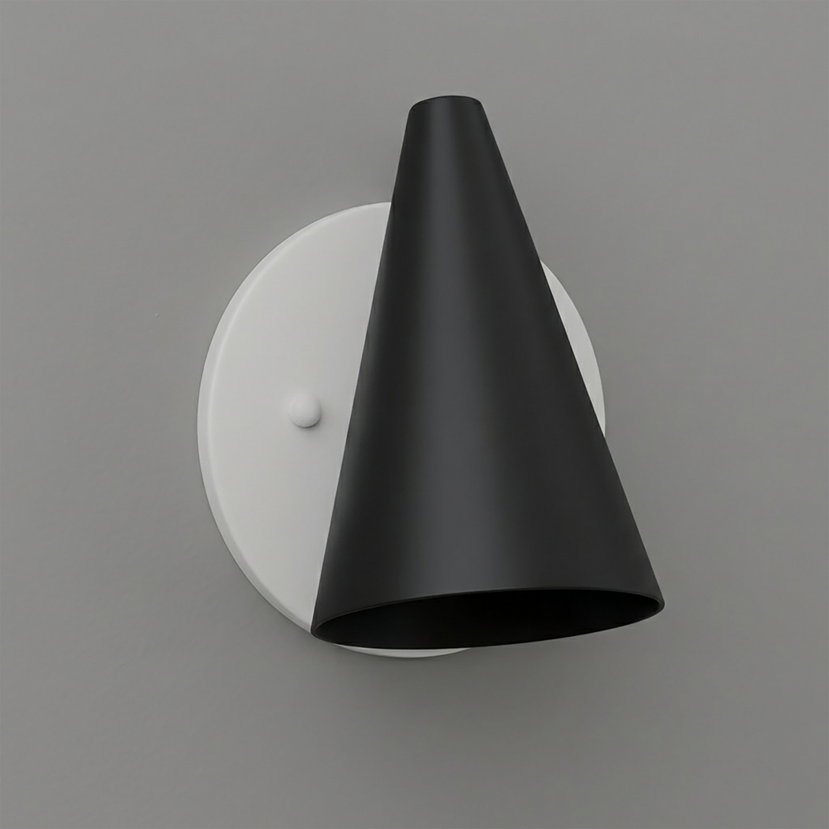 Matte black conical metal sconce with white circular wall mount and single bulb design. - SCONCE MODEL NO. 5950