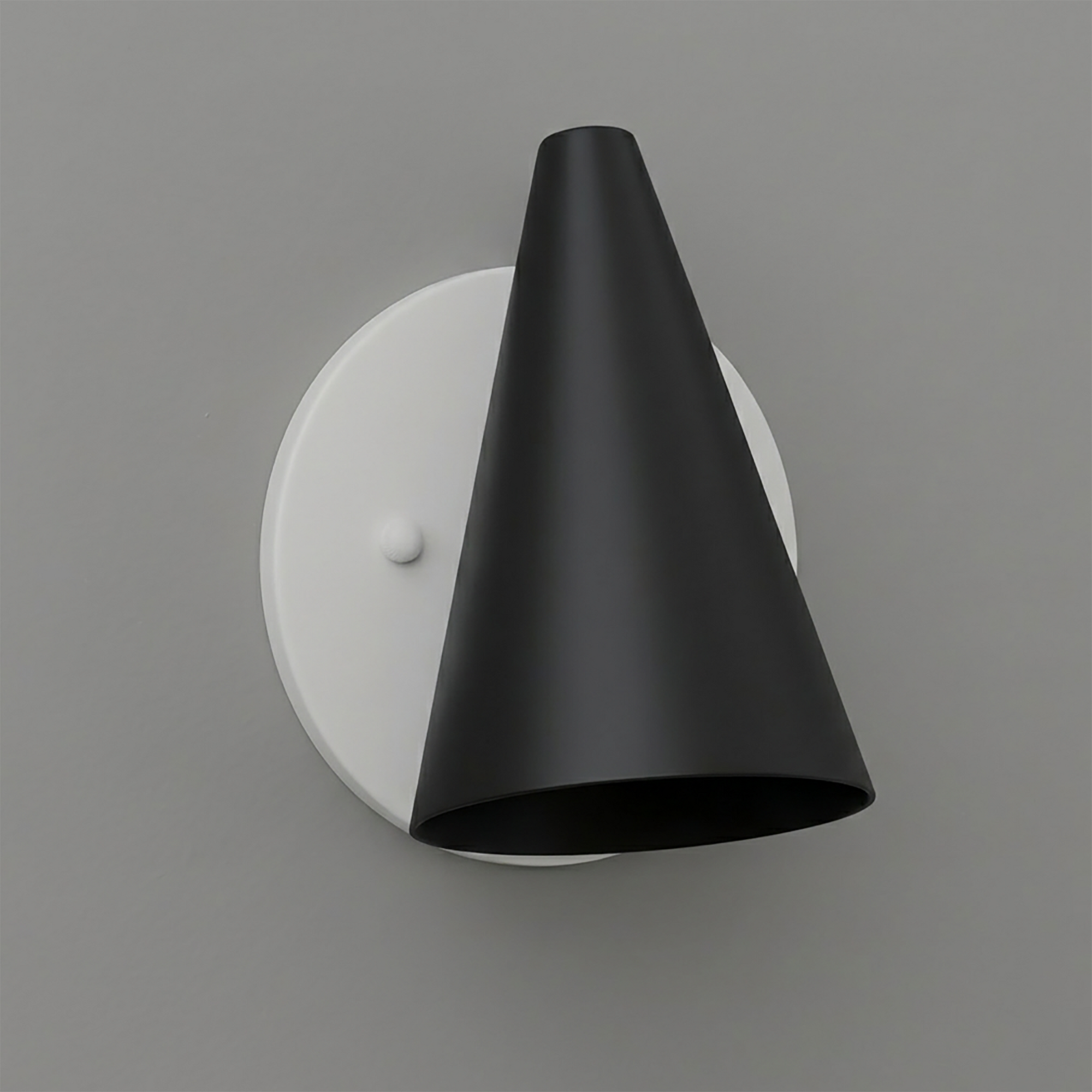 Matte black conical metal sconce with white circular wall mount and single bulb design. - SCONCE MODEL NO. 5950