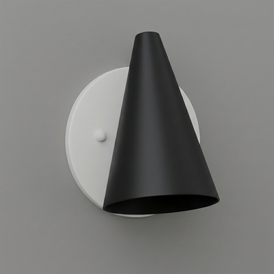 Matte black conical metal sconce with white circular wall mount and single bulb design. - SCONCE MODEL NO. 5950