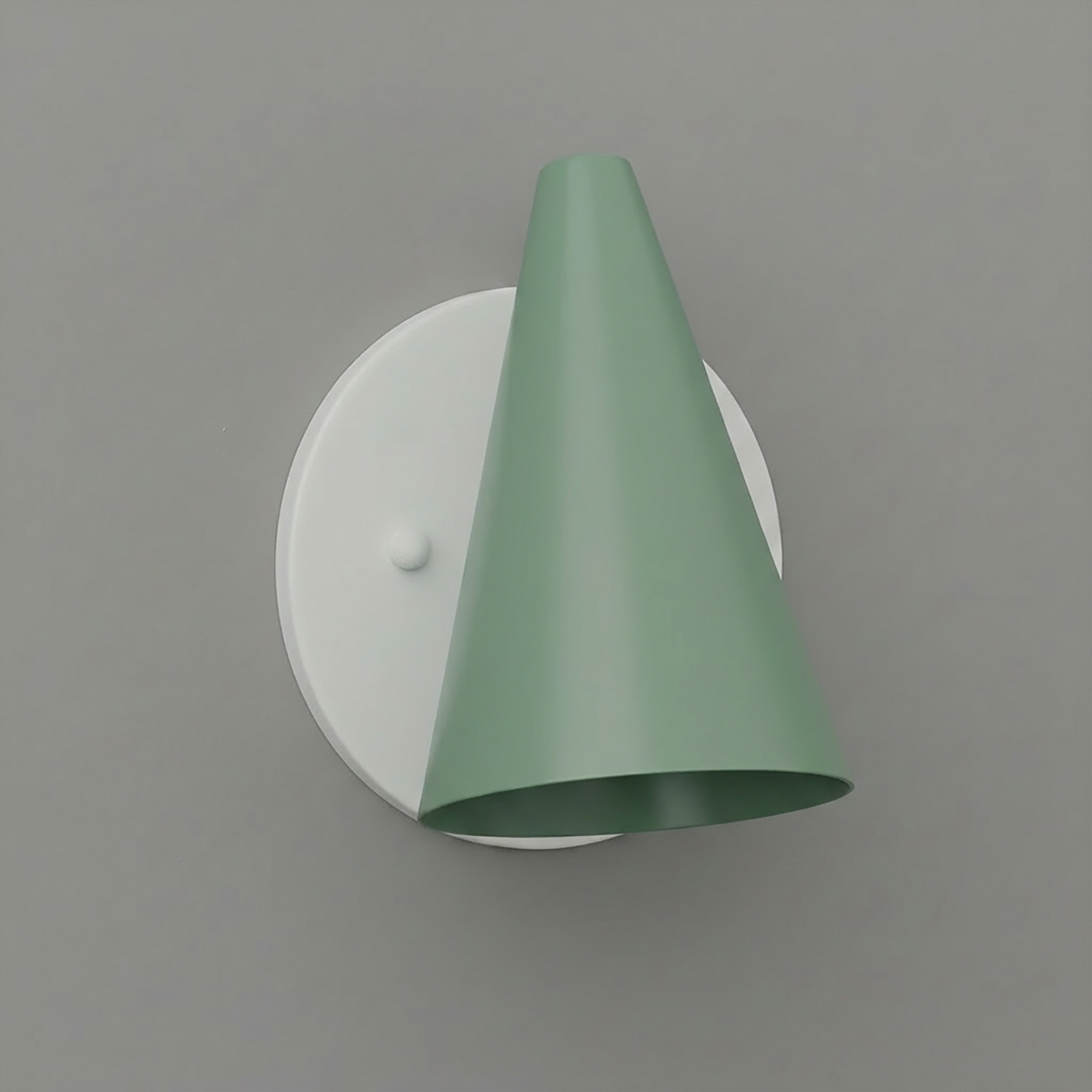 Modern single-bulb wall sconce with matte sage green conical shade and white circular base. - SCONCE MODEL NO. 5950