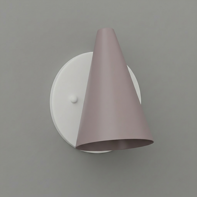 Matte lavender conical metal sconce with white circular mounting plate and single bulb design. - SCONCE MODEL NO. 5950