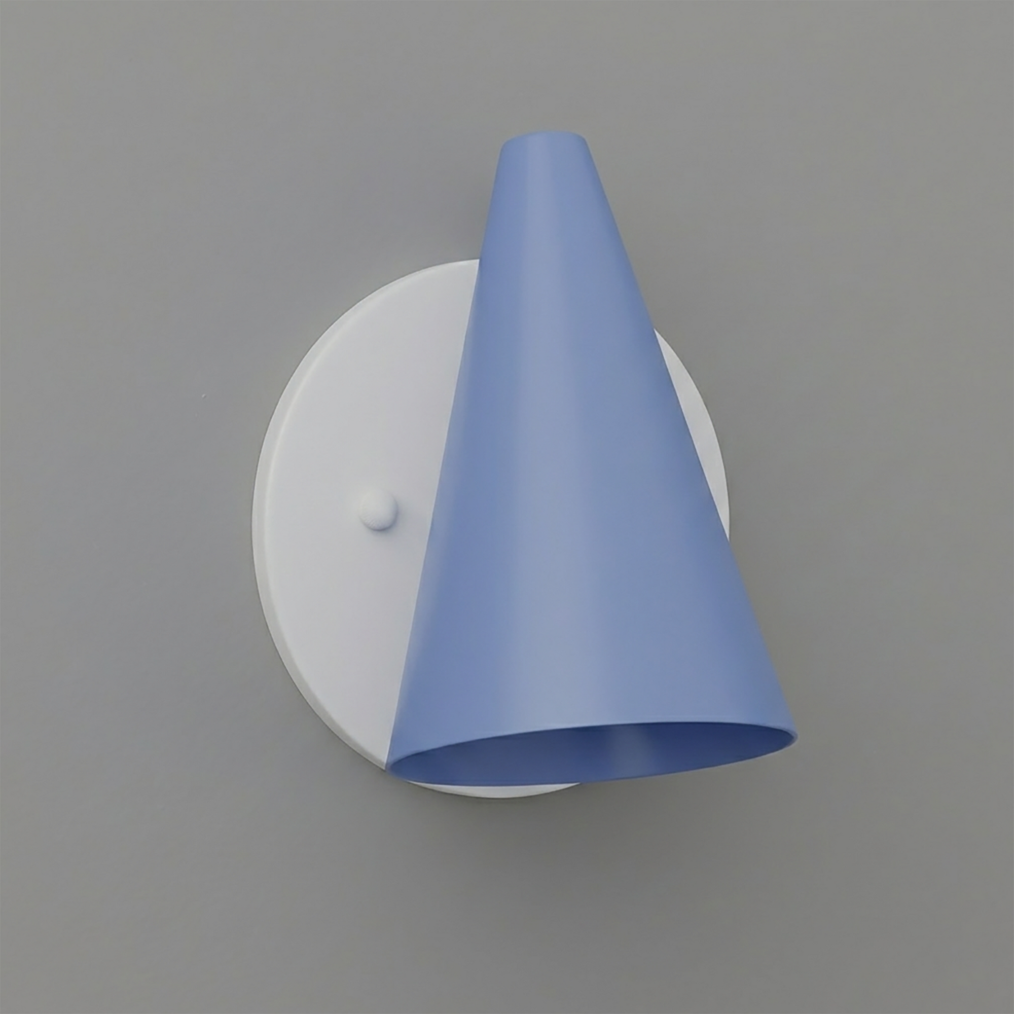Matte white round metal wall plate with a cone-shaped light blue metal shade angled downward single-bulb sconce. - SCONCE MODEL NO. 5950