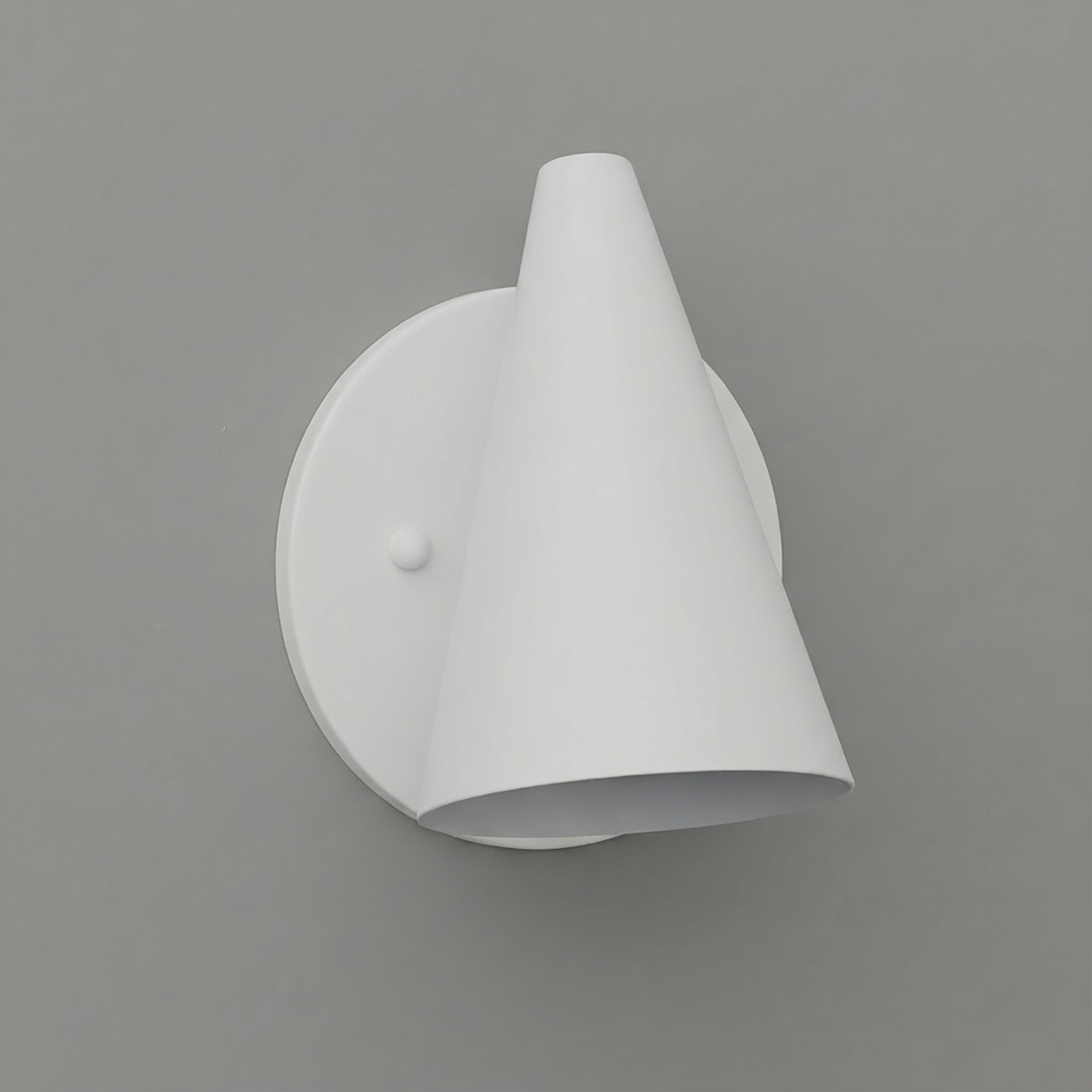 White metal wall sconce with conical shade and round backplate, modern minimalist design. - SCONCE MODEL NO. 5950