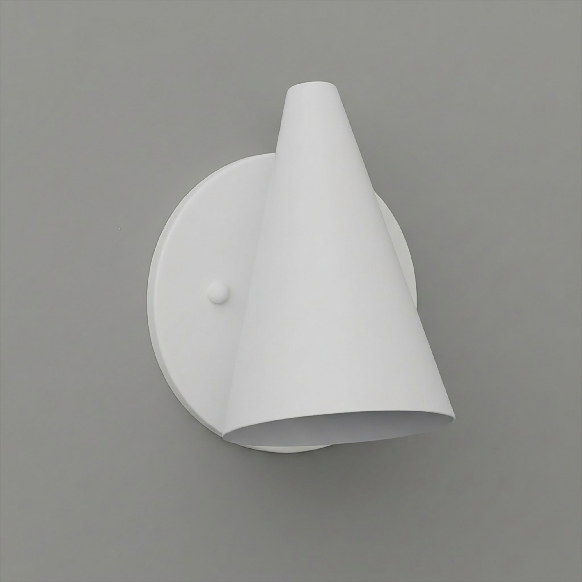 White metal wall sconce with conical shade and round backplate, modern minimalist design. - SCONCE MODEL NO. 5950