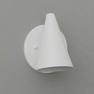 White metal wall sconce with conical shade and round backplate, modern minimalist design. - SCONCE MODEL NO. 5950