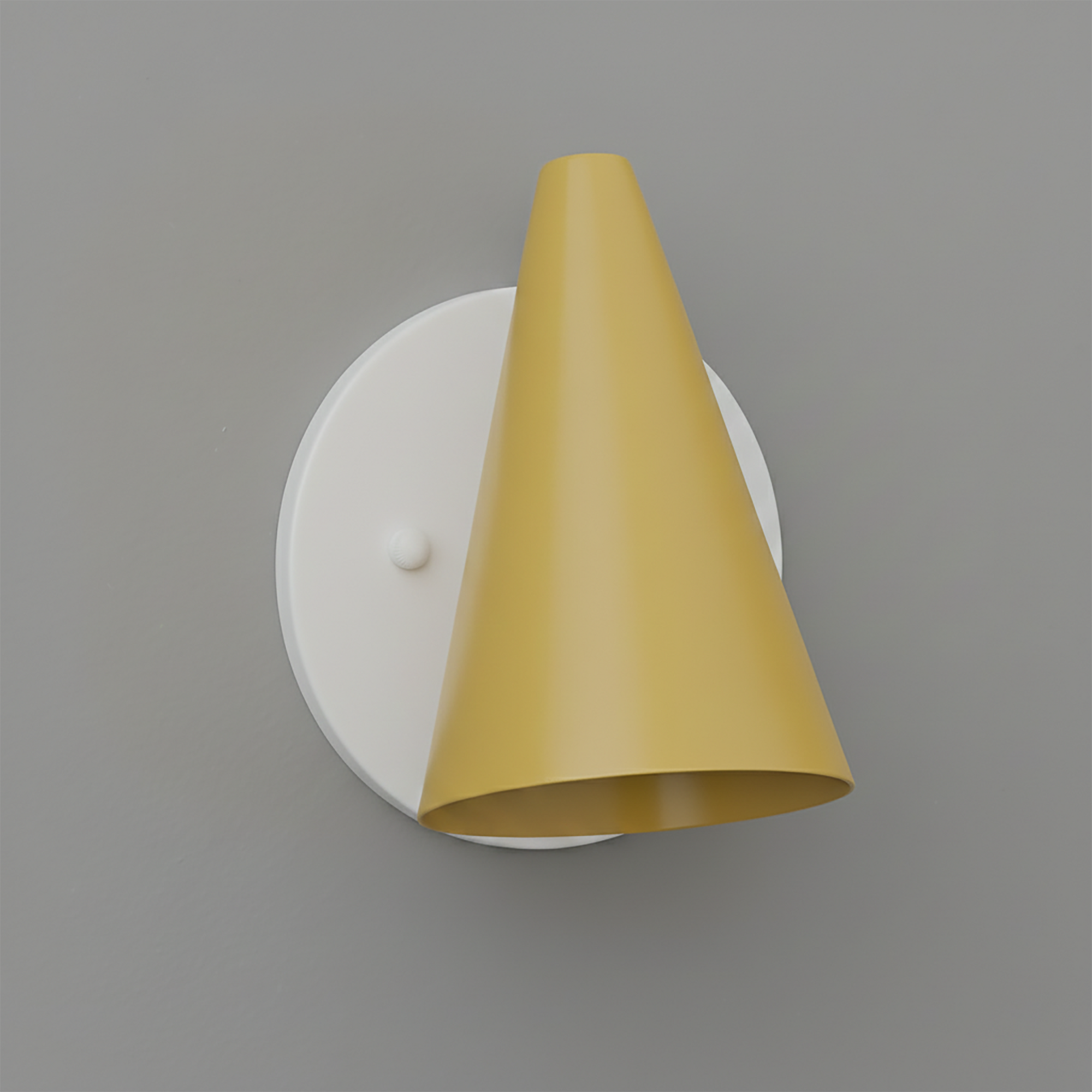 Matte white round wall base with a single conical mustard yellow metal shade sconce. - SCONCE MODEL NO. 5950