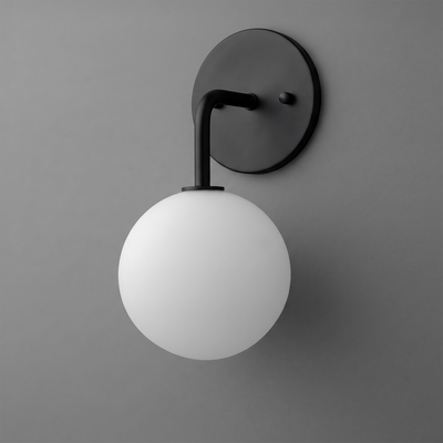 Matte black metal wall sconce with a smooth white glass globe shade and curved arm. - SCONCE MODEL NO. 7660