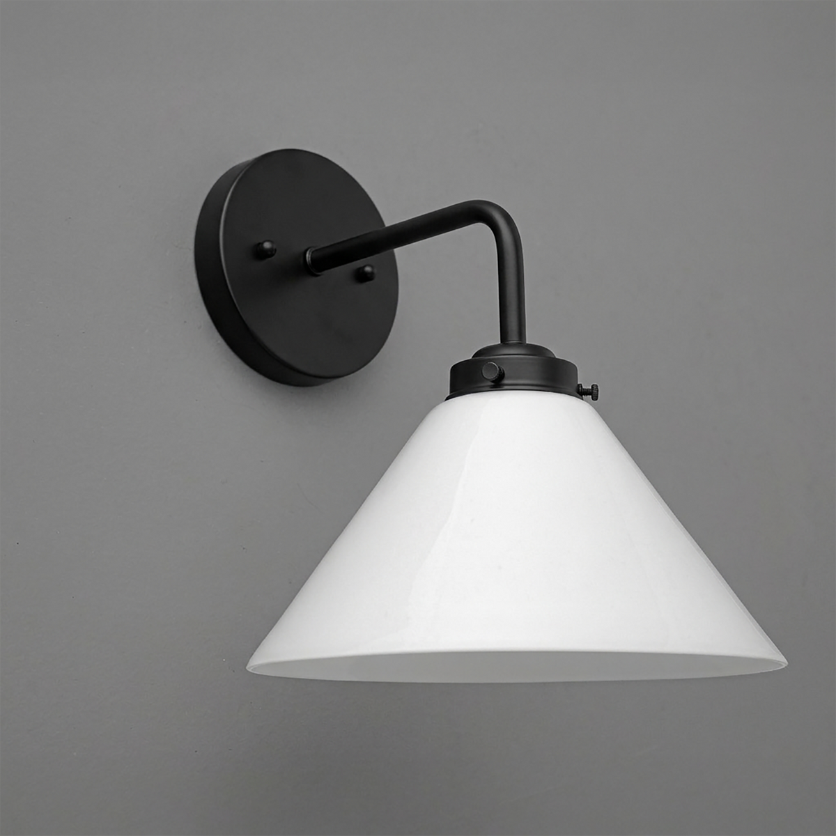 Matte black metal wall sconce with a conical white glass shade and a straight arm design. - SCONCE MODEL NO. 8751