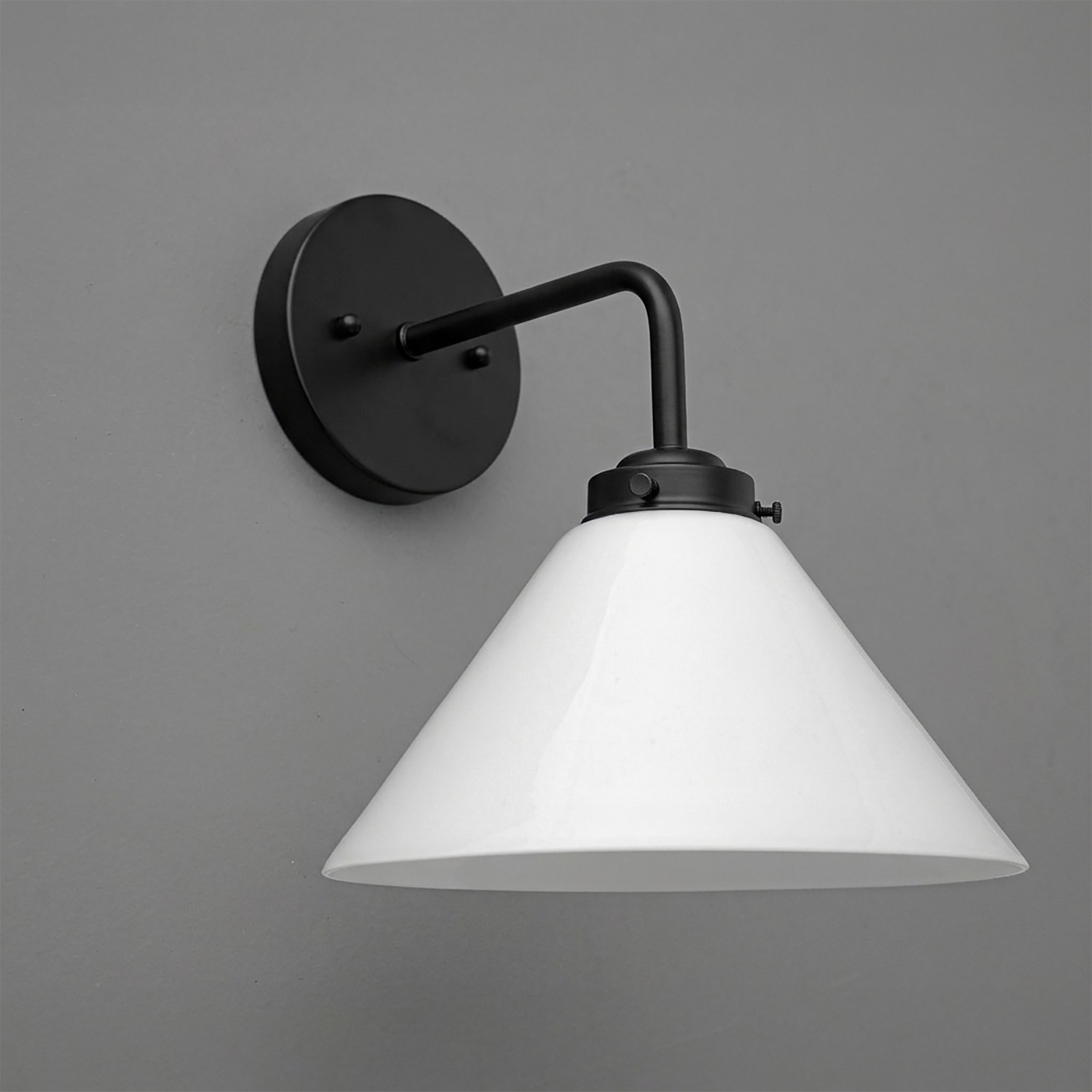 Matte black metal wall sconce with a conical white glass shade and a straight arm design. - SCONCE MODEL NO. 8751